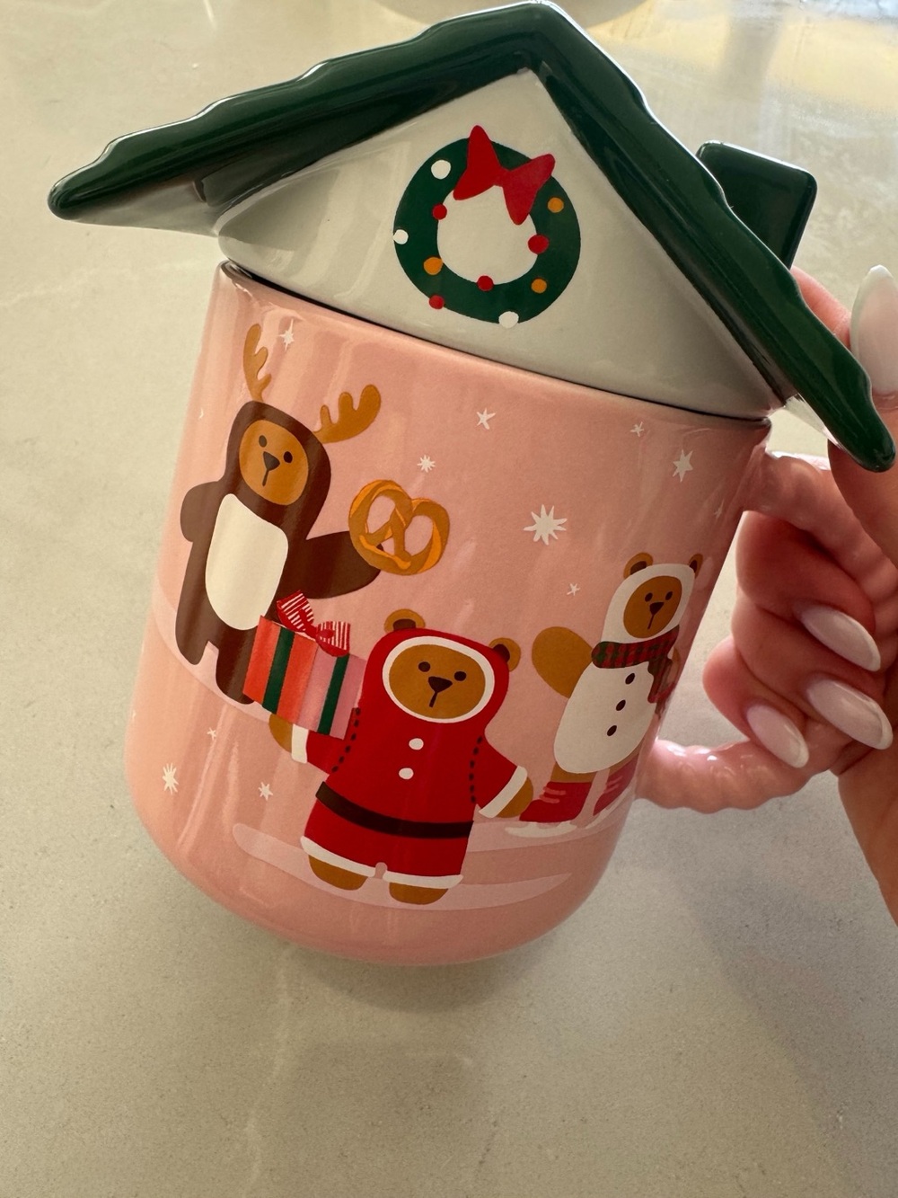 Starbucks Pink Holiday Bear Ceramic Mug with Green Roof Lid